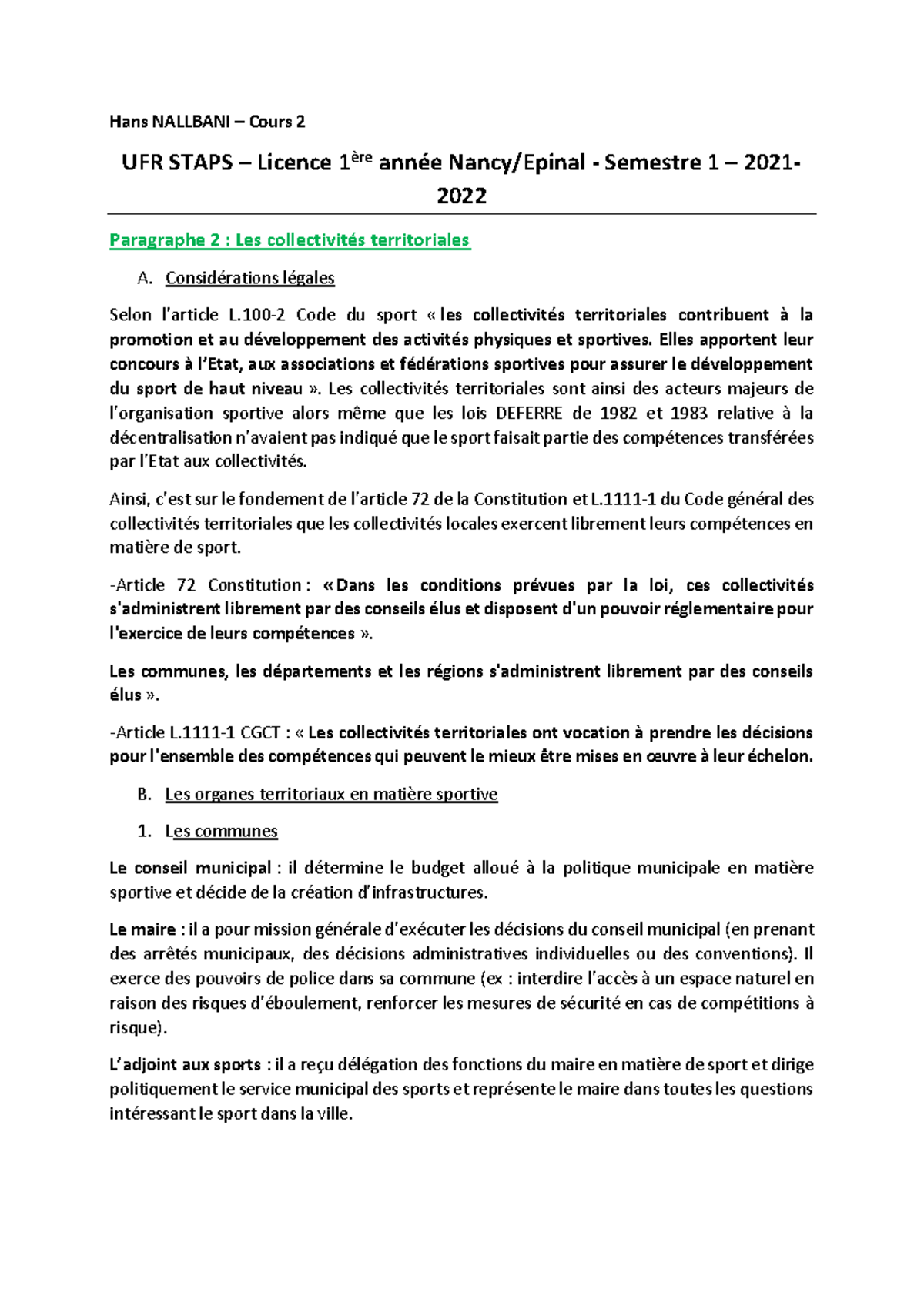Hans Nallbani - Cours 2 UFR STAPS L1 S1 2021-2022 : Les Collectivités ...
