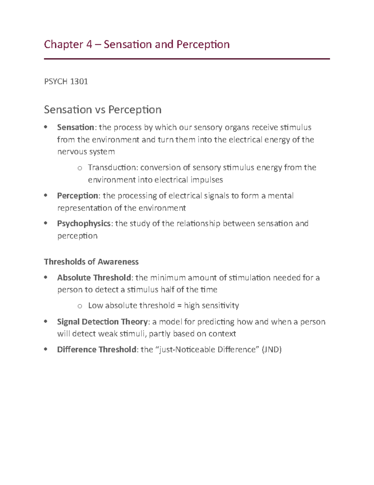 Chapter 4 - Sensation and Perception Overview | PSYCH 1301 Notes - Studocu