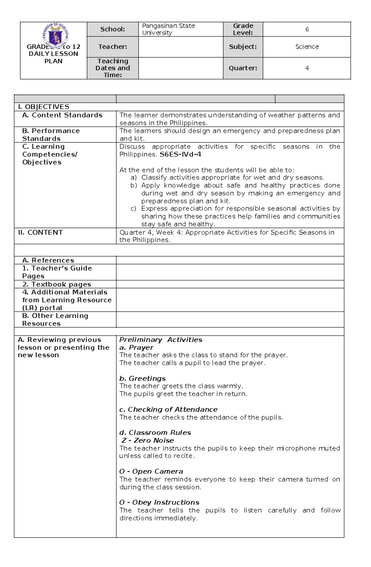 Grade 6 Science Lesson Plan: Weather Patterns & Safety Kits (Q4) - Studocu