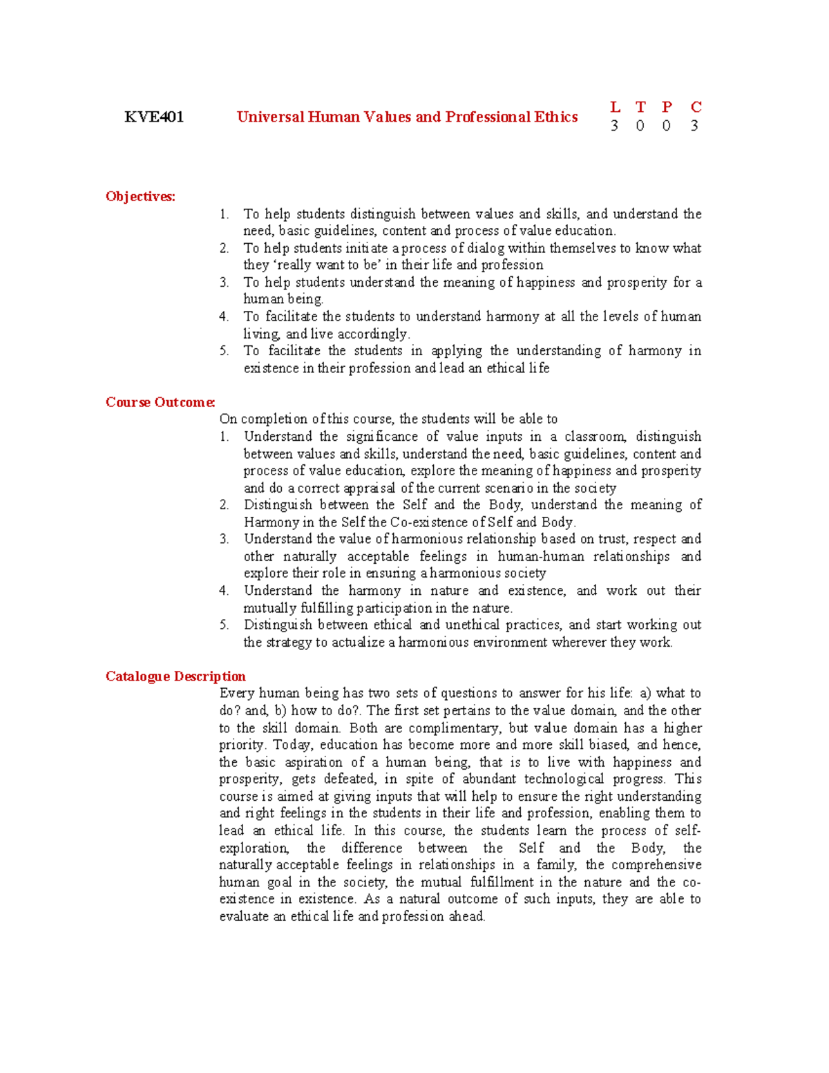 KVE401 Lecture Notes on Universal Human Values & Professional Ethics ...