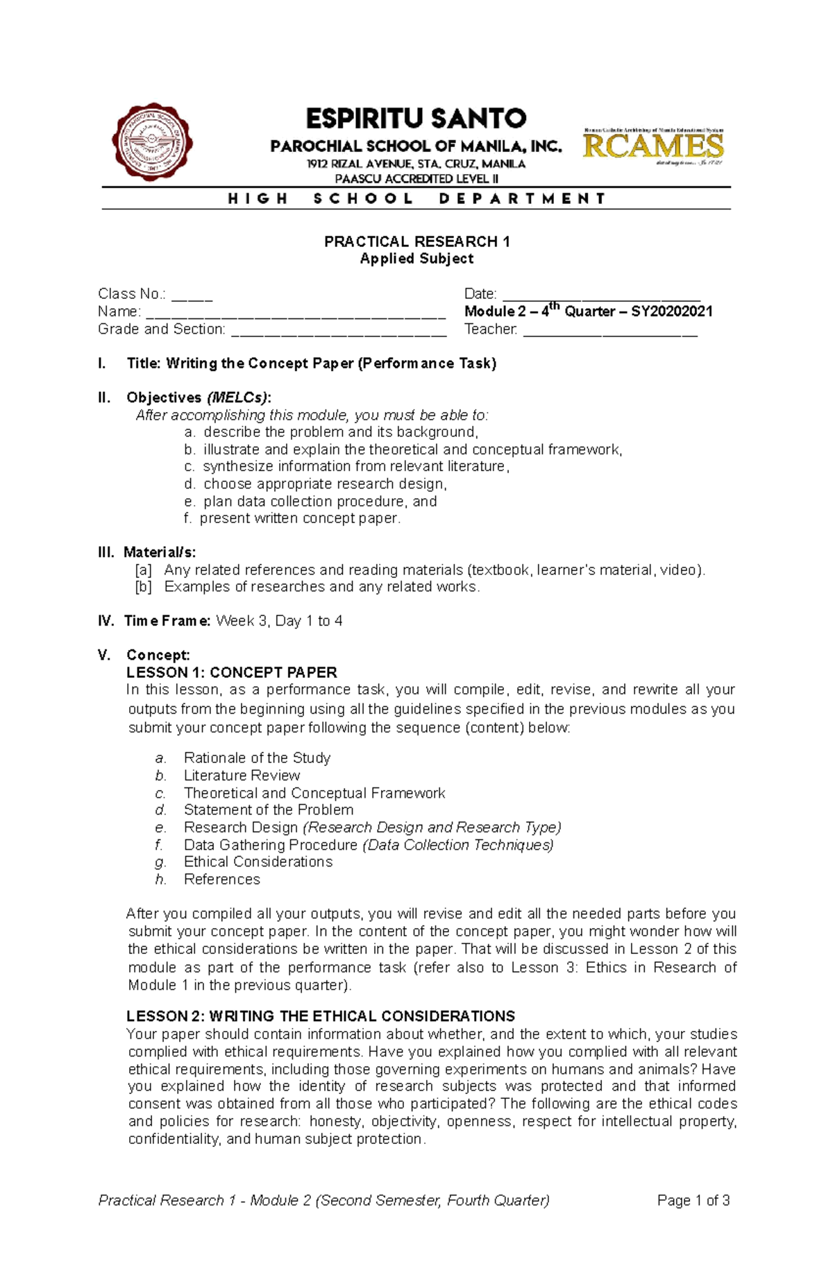 Practical Research 1 - Module 2: Writing the Concept Paper Guide - Studocu