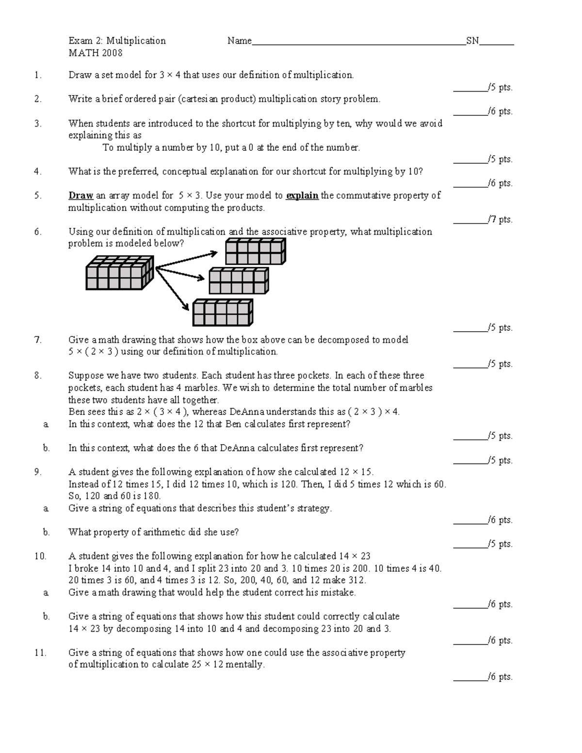 Exam 2: Methods & Properties of Multiplication - MATH 2008 - Studocu