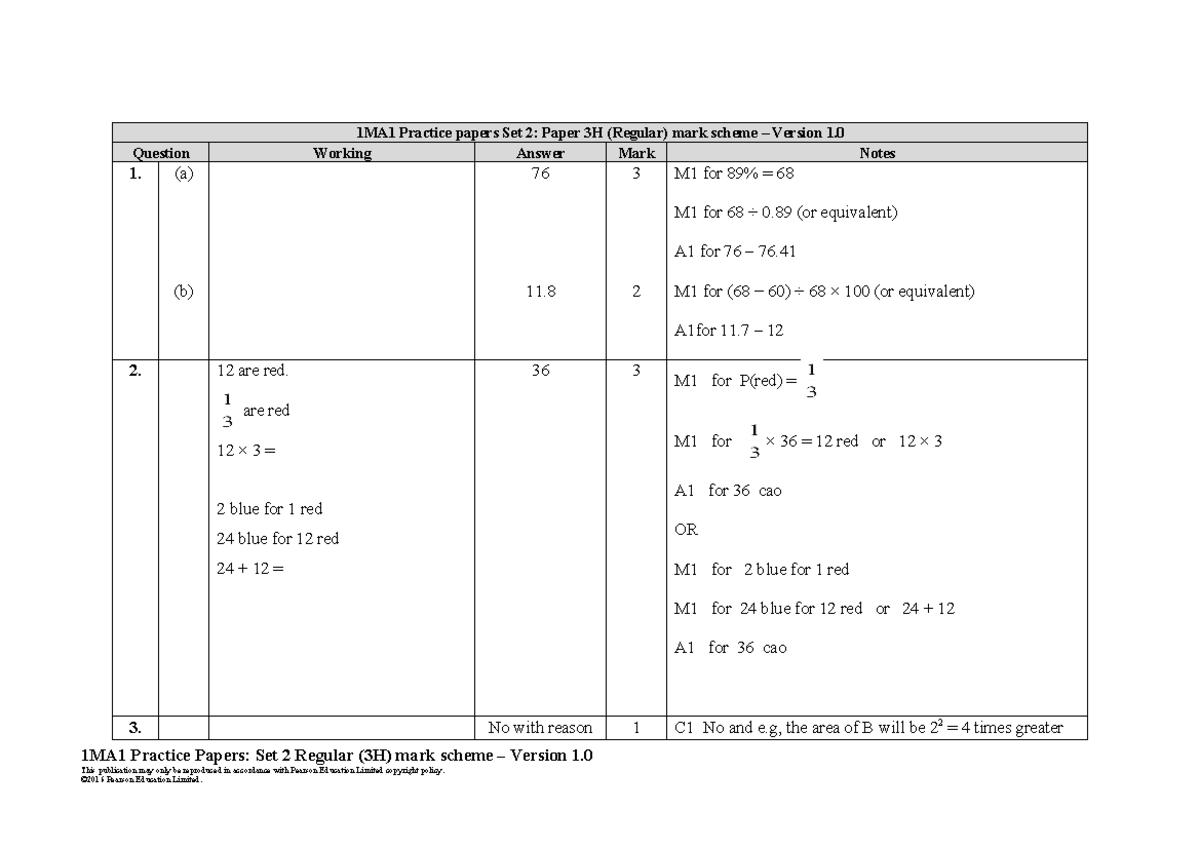 1MA1 Practice Papers Set 2: Paper 3H Mark Scheme Version 1.0 - Studocu