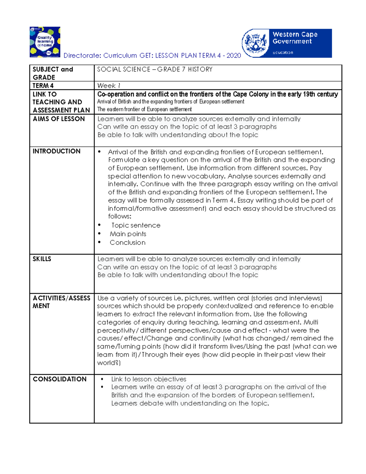 Grade 7 SS History T4 W1: Lesson Plan on British Arrival & Settlement ...