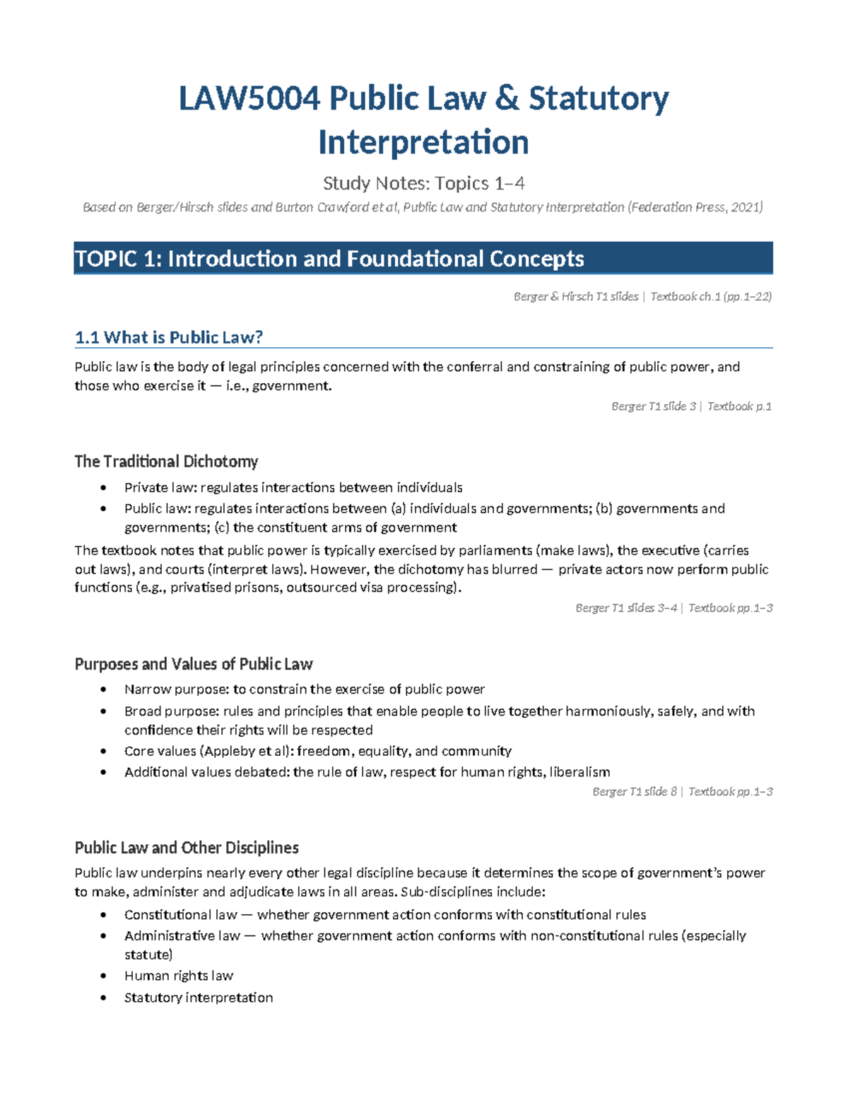 LAW5004 Public Law Statutory Interpretation Study Notes: Topics 1-4 ...