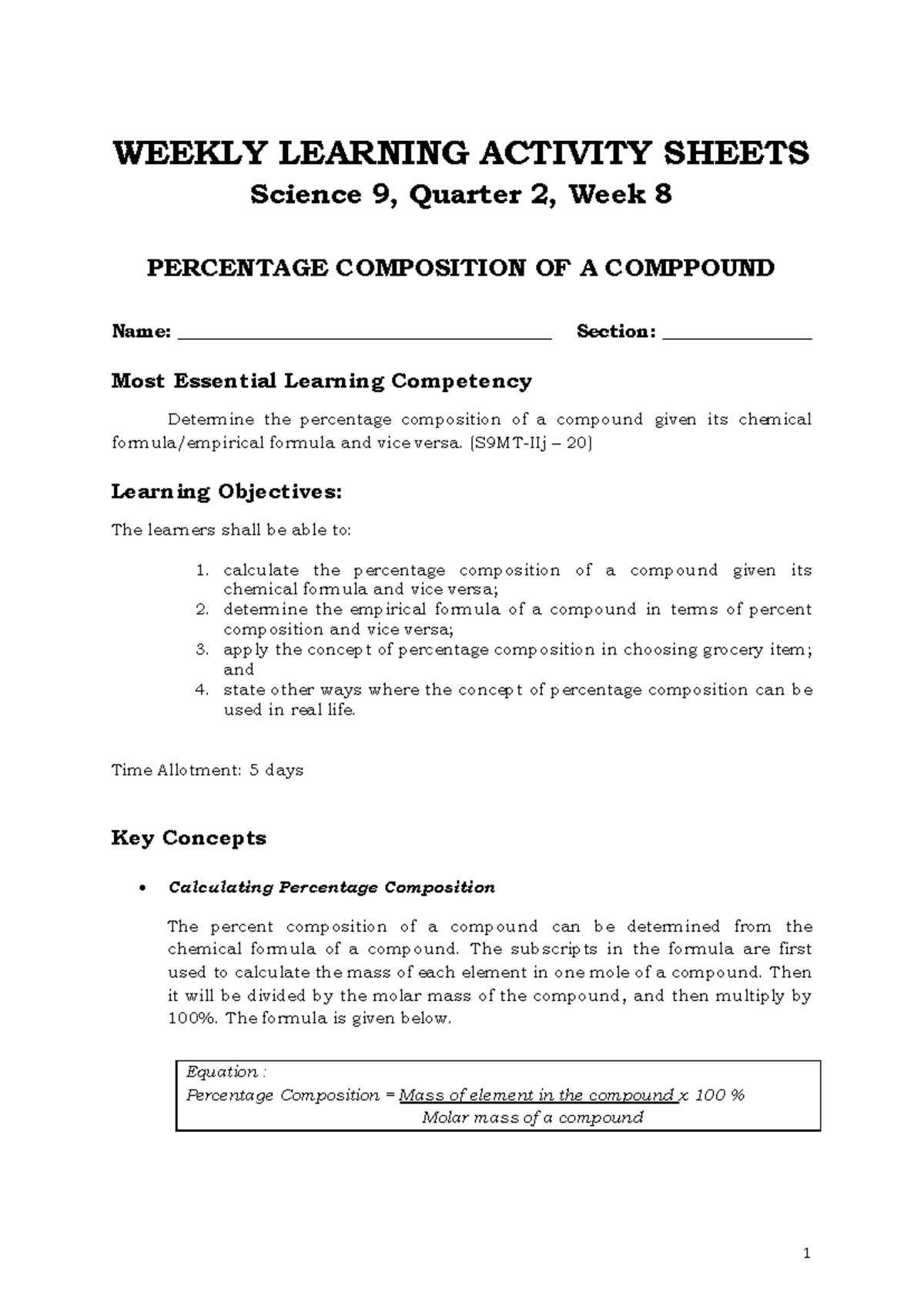 S9 Q2 Week 8 - Percentage Composition of Compounds Activity - Studocu