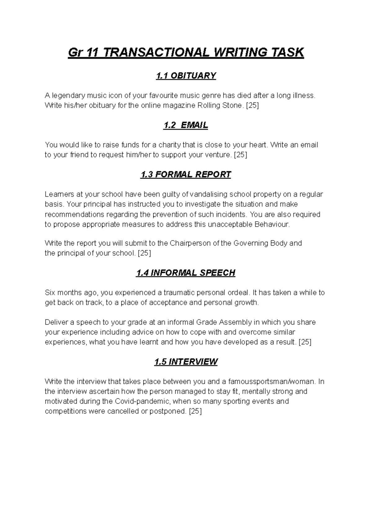 Gr 11 Transactional Writing Task: Obituary, Email, Report, Speech ...