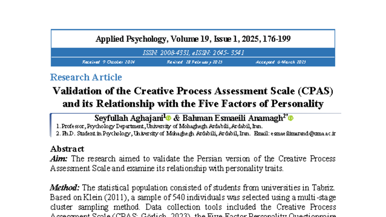 Validation of the Creative Process Assessment Scale (CPAS) and ...
