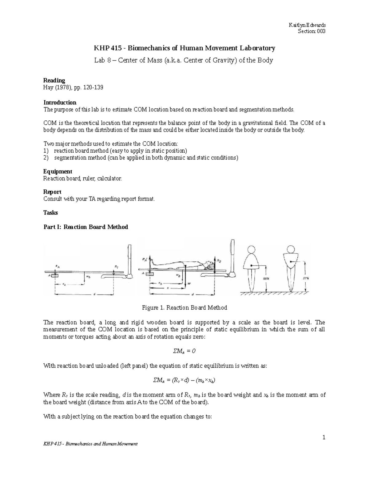 Lab 8 - Estimating Center of Mass in KHP 415 Biomechanics Lab - Studocu