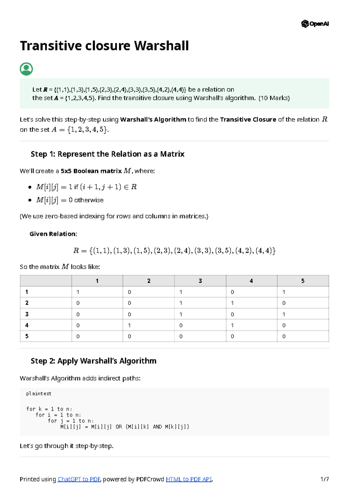 Transitive Closure of Relation R Using Warshall's Algorithm (10 Marks ...
