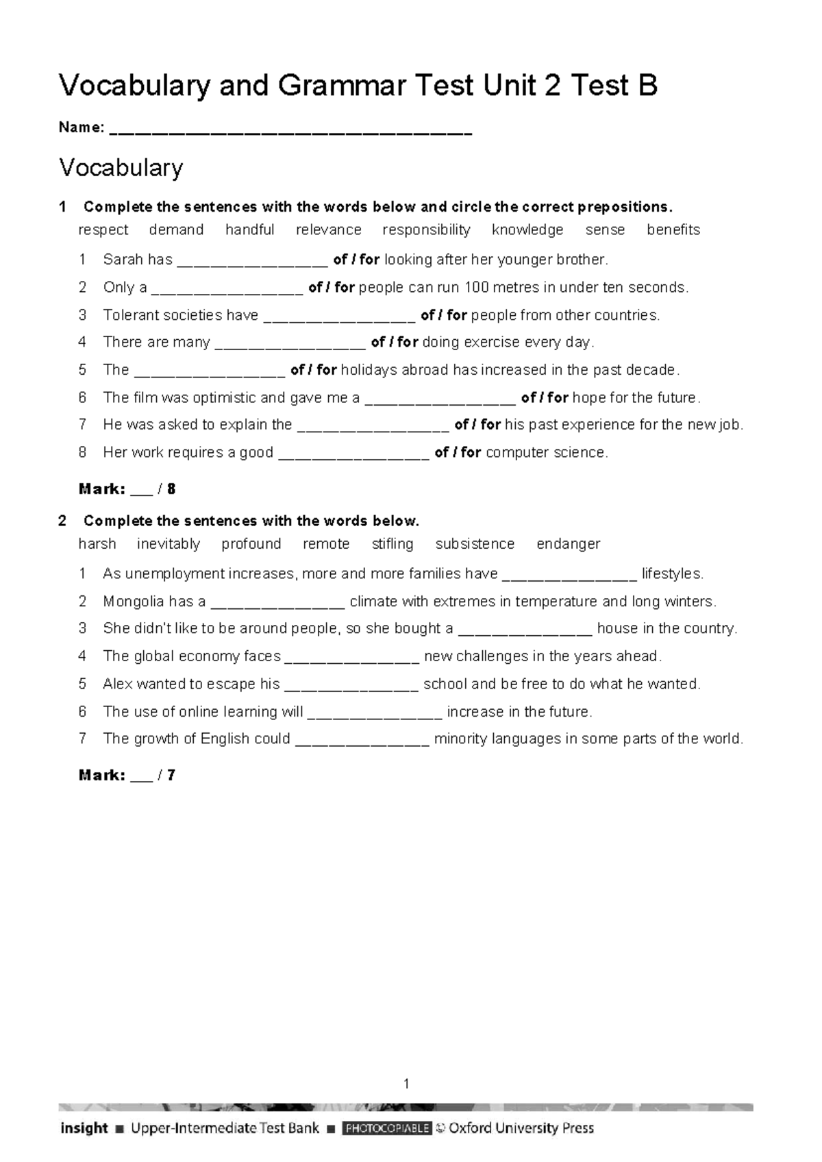 Vocabulary & Grammar Test Unit 2 Test B: Complete the Sentences - Studocu