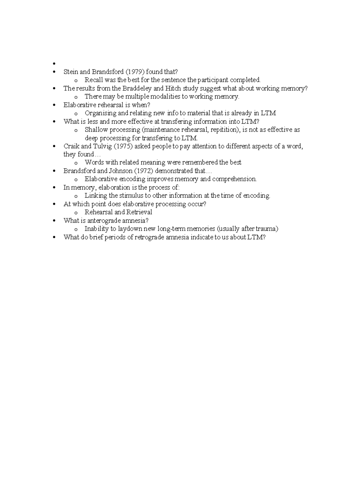 Psyc111 Final Exam Study Guide: Key Memory Concepts and Theories - Studocu