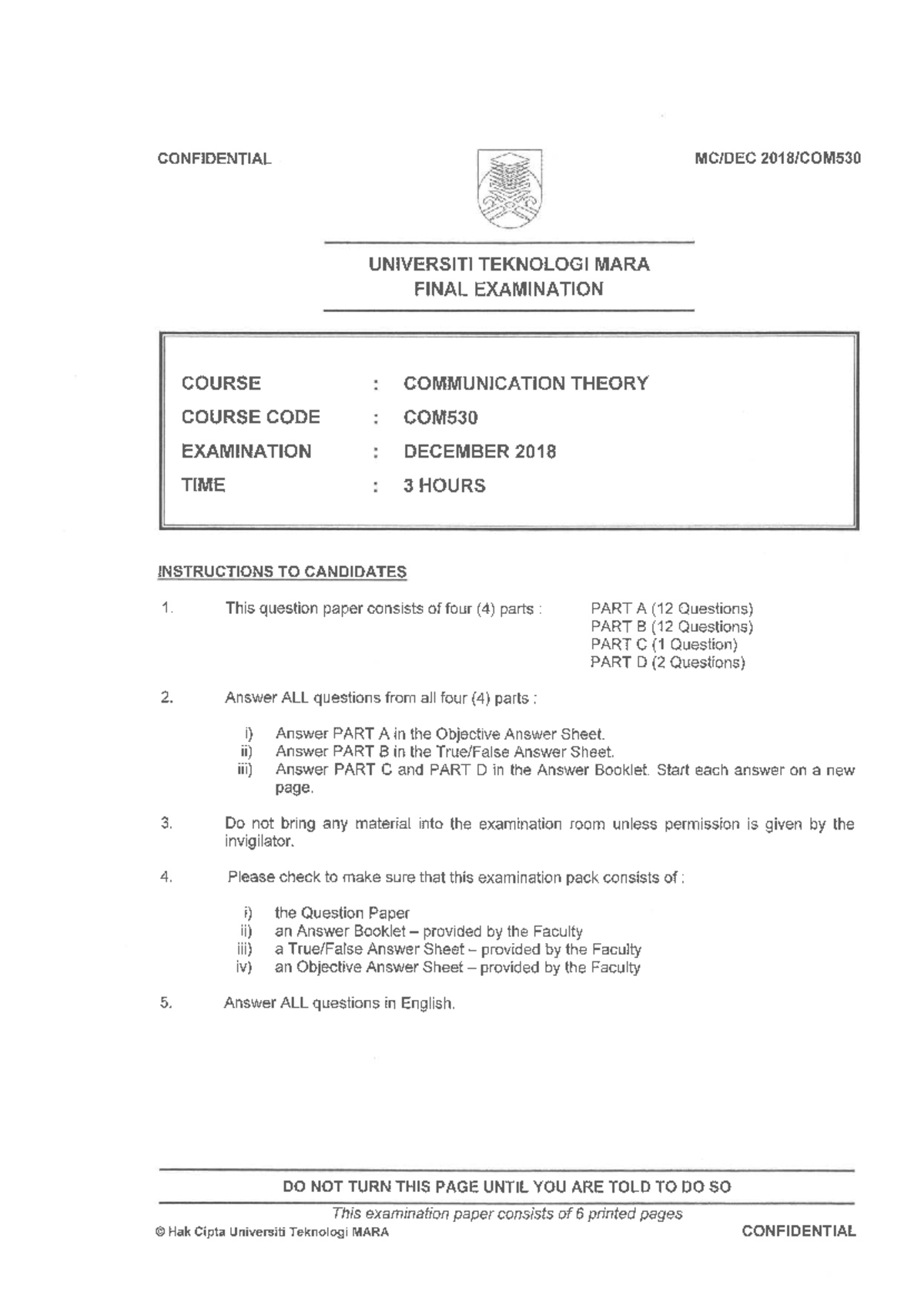 COM530 - Final Exam Communication Theory December 2018 Questions - Studocu