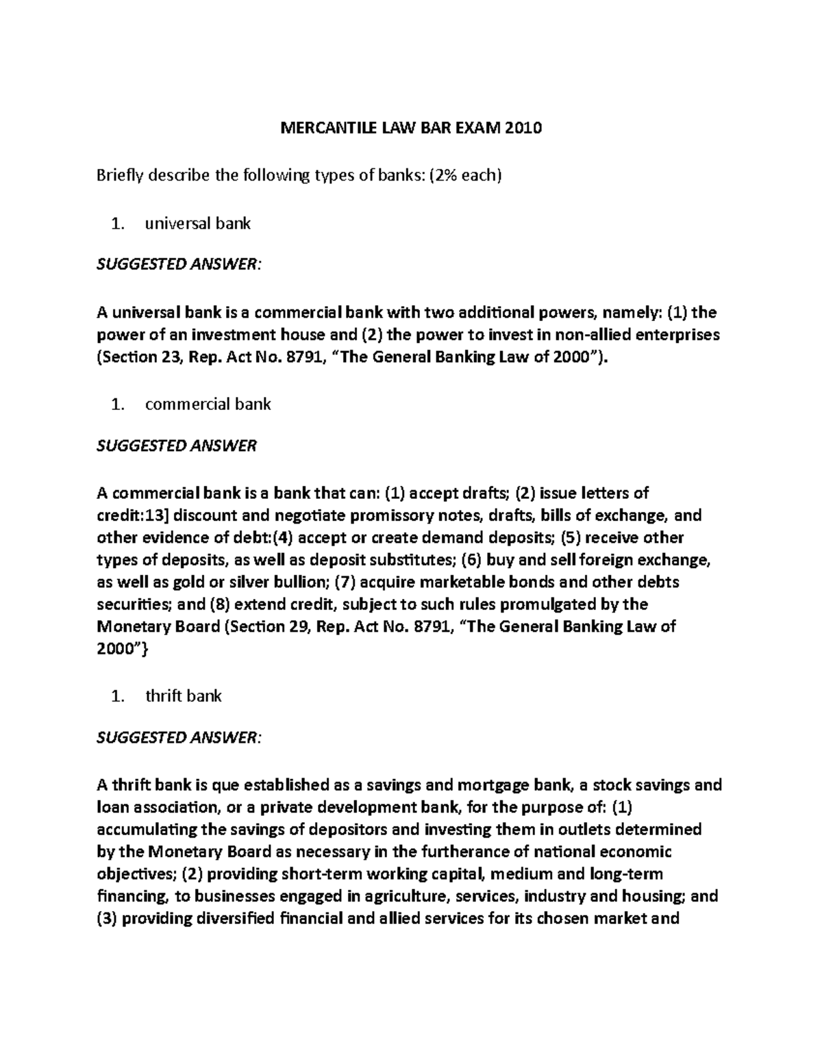 Mercantile Law Bar Exam Review - 2010 Key Concepts and Answers - Studocu