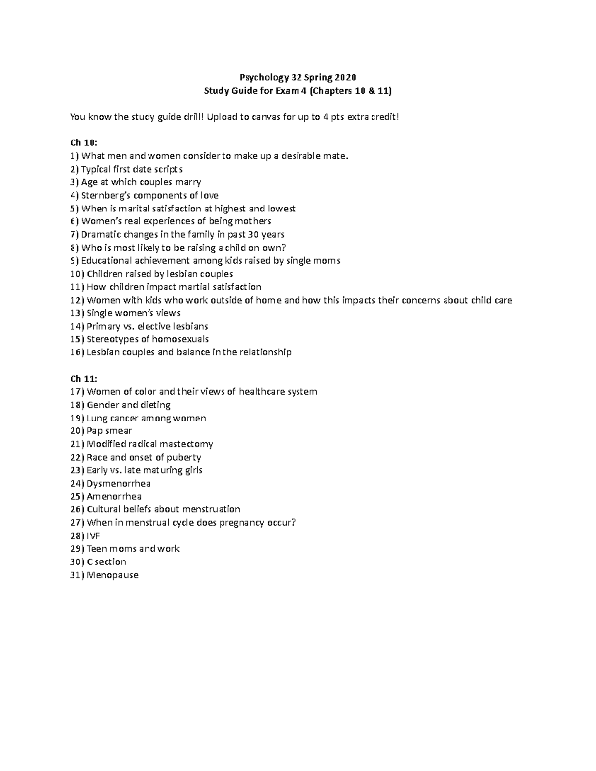 Psychology 32 sp20 Exam 4 Study Guide - Psychology 32 Spring 2020 Study ...