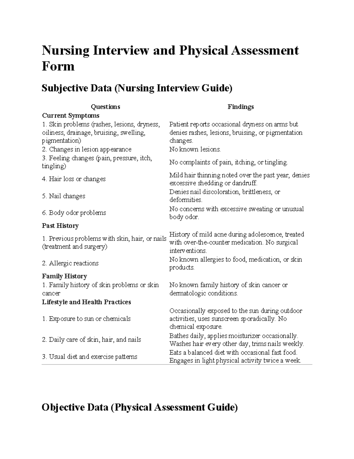 Nursing Interview and Physical Assessment Form - Nursing Interview and ...