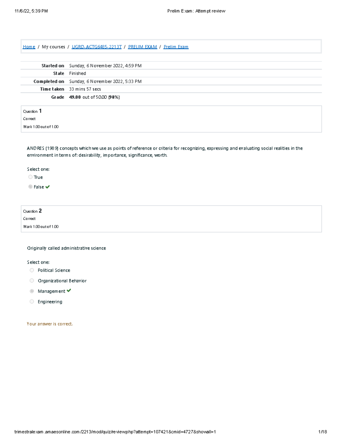 Prelim Exam Review for UGRD-ACTG6485: Human Behavior in Organization ...