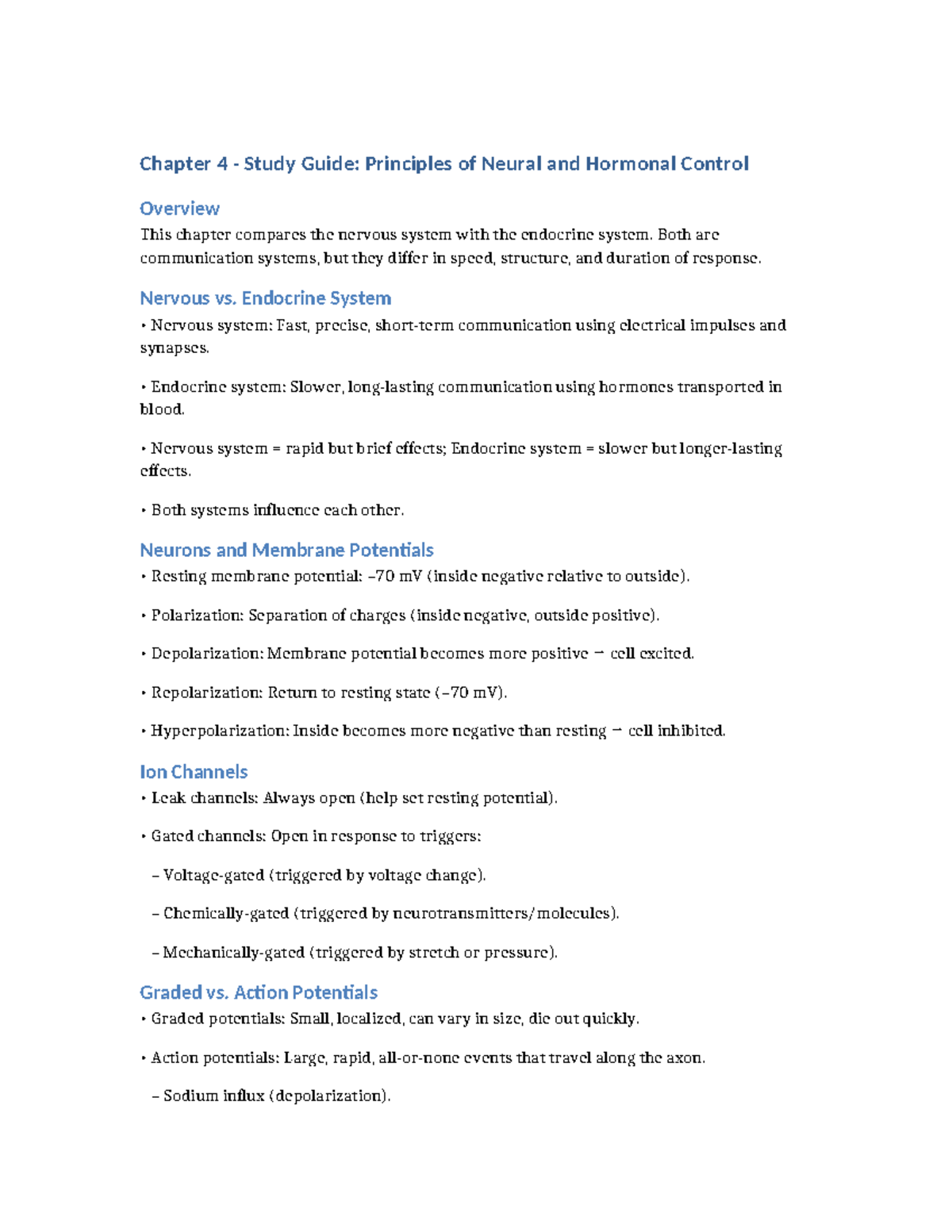 Chapter 4 Study Guide: Neural & Hormonal Control Principles - Studocu