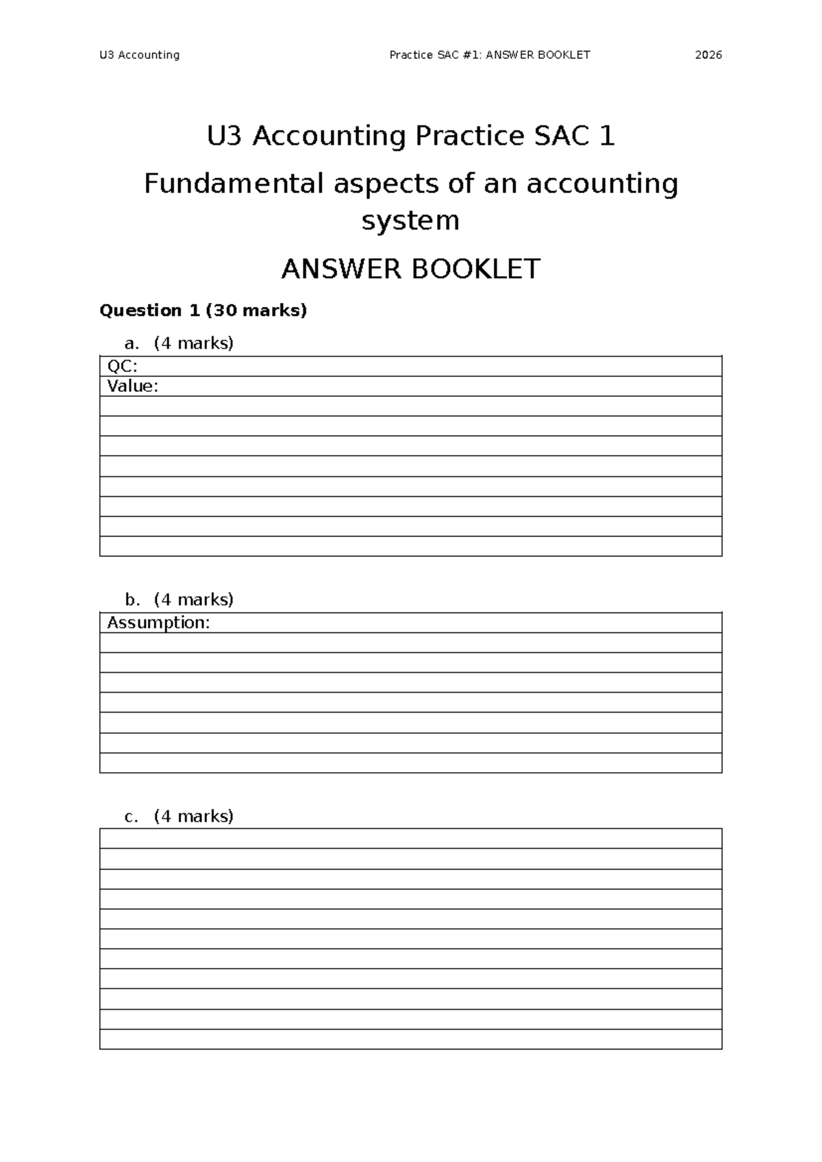 U3 Accounting Practice SAC 1 - Fundamentals Answer Booklet 2026 - Studocu