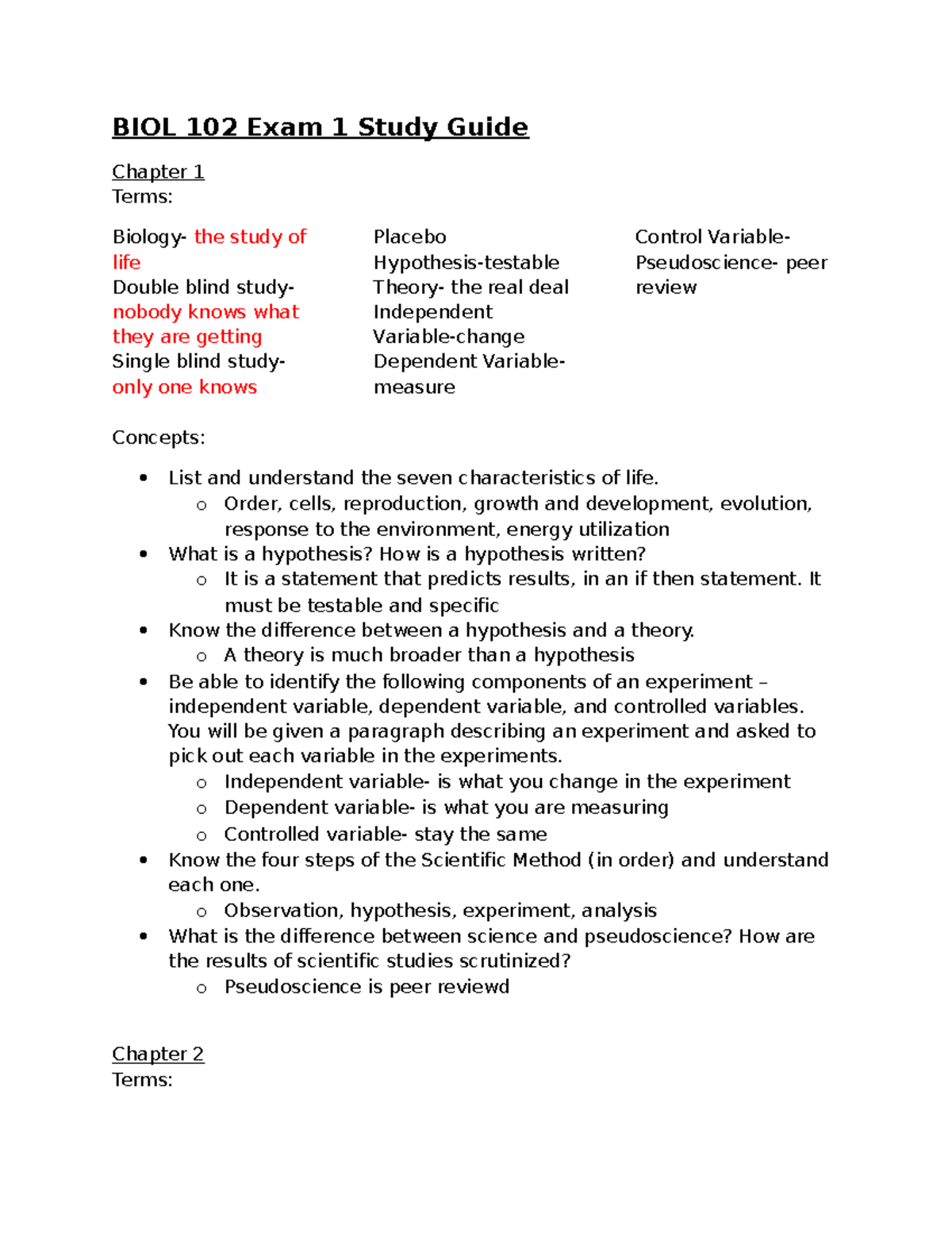 BIOL 102 Exam I Comprehensive Study Guide and Key Concepts - Studocu