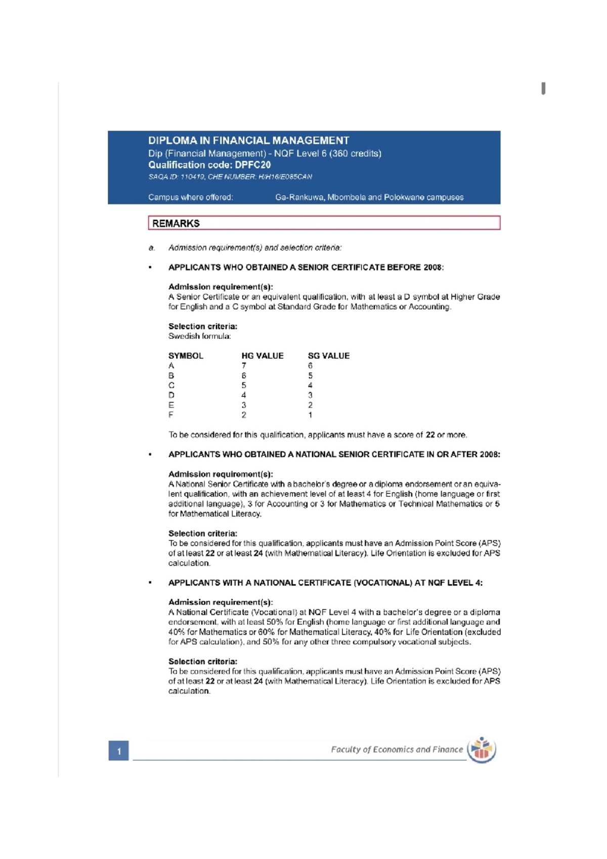 DIPLOMA IN FINANCIAL MANAGEMENT Syllabus (DPFC20) - NQF Level 6 - Studocu