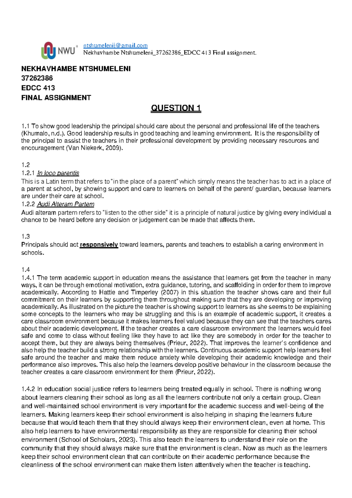 EDCC 413 Final Assignment: Leadership and Support in Education - Studocu