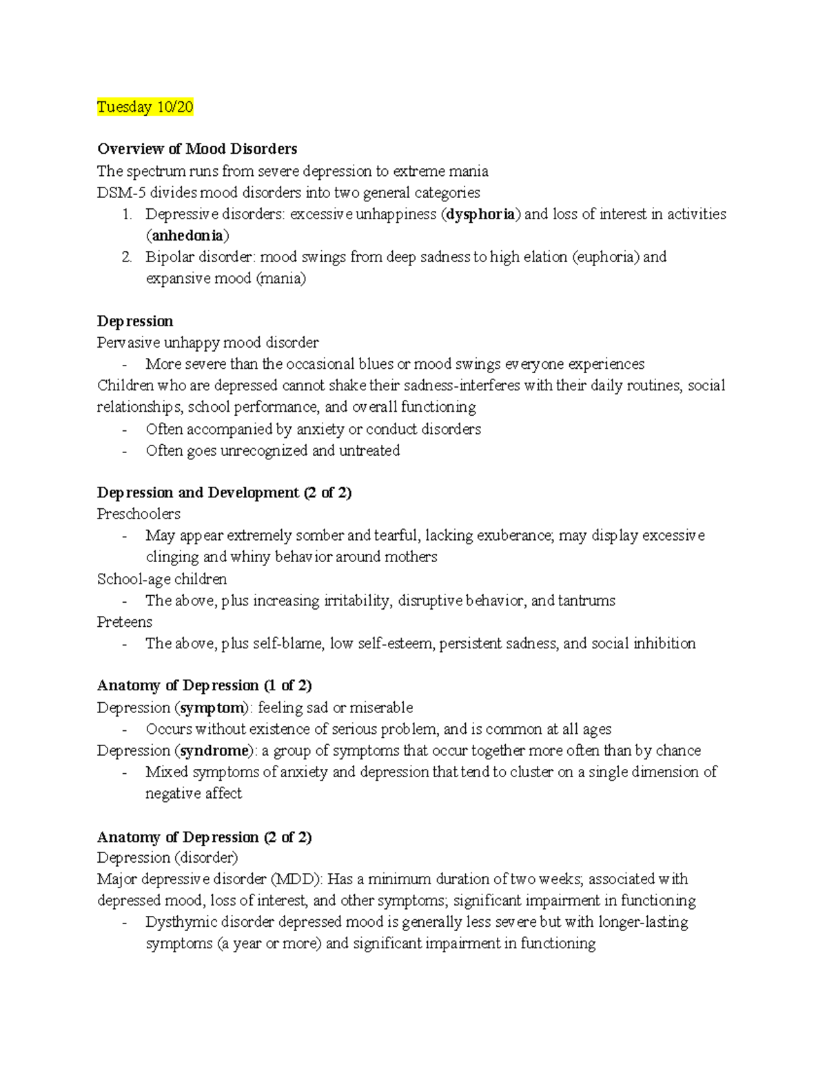 Ch. 10 Depressive & Bipolar Disorders - Tuesday 10/ Overview of Mood ...
