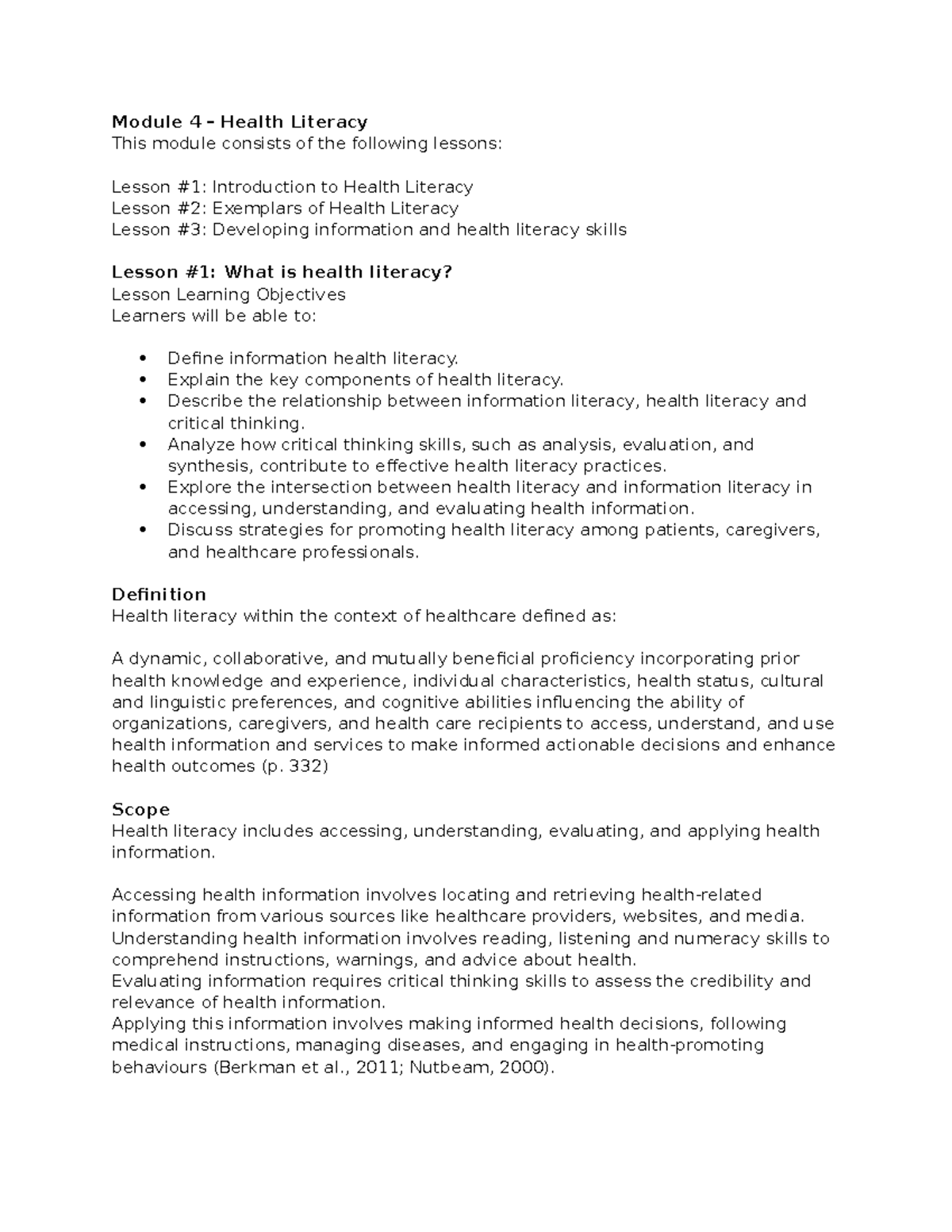 Health literacy notes - Module 4 - Module 4 – Health Literacy This ...