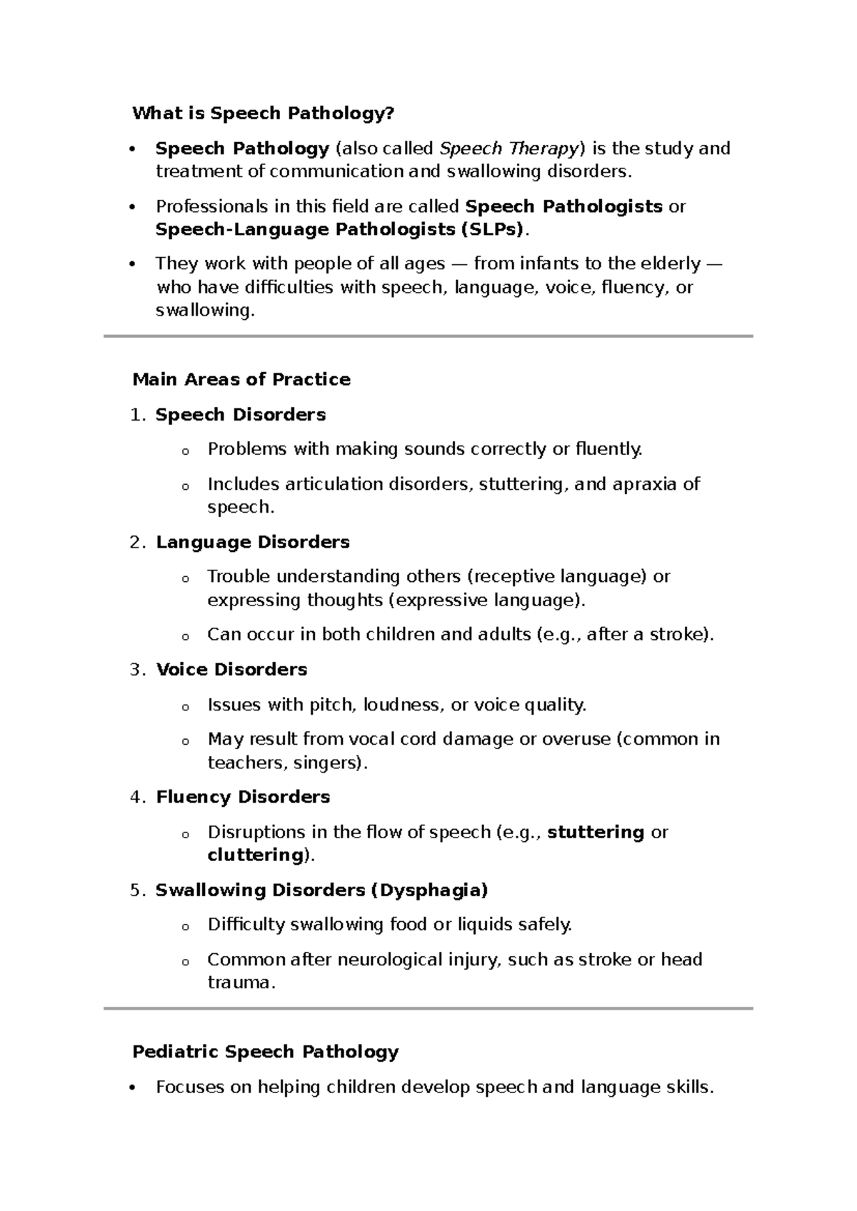 Speech Pathology Overview: Key Concepts and Practices - Studocu