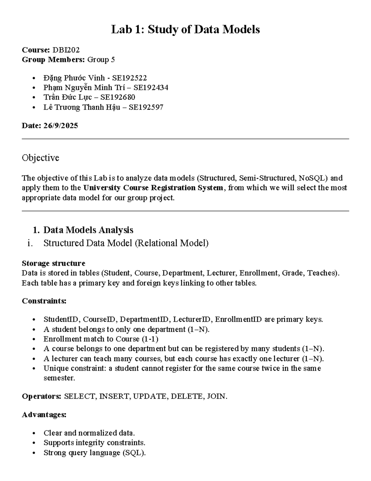 Lab 1: Analysis of Data Models for DBI202 Group 5 - Studocu