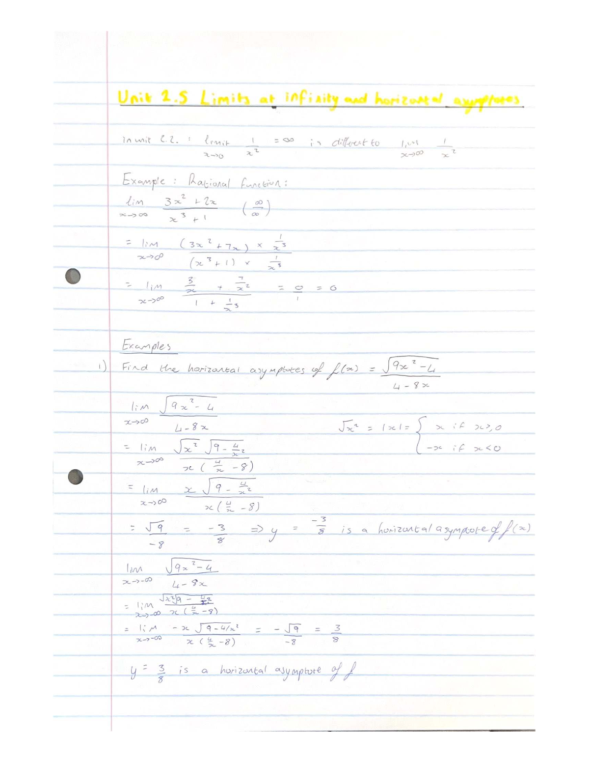 Unit 2.5 Limits at Infinity & Horizontal Asymptotes Summary - Studocu