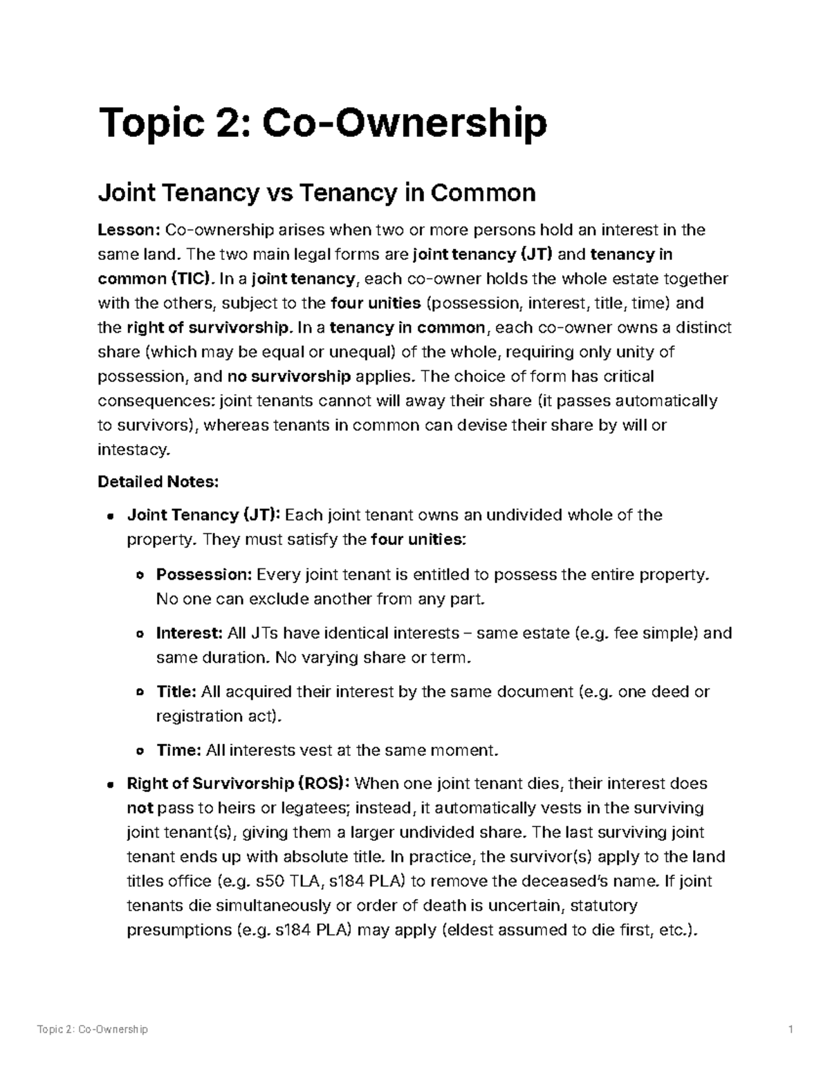 Topic 2: Co-Ownership - Joint Tenancy vs Tenancy in Common Lesson Notes ...