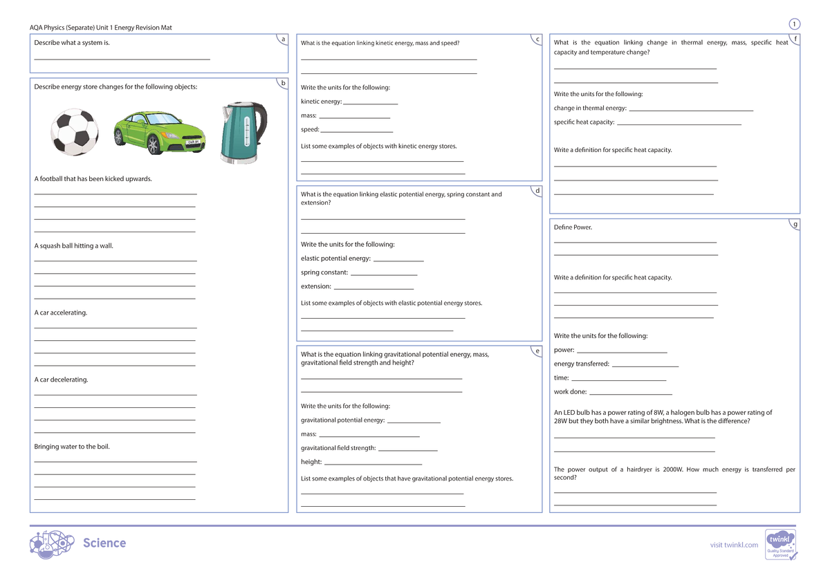 AQA Physics (Separate) Unit 1 Energy Revision Mat & Answers - Studocu