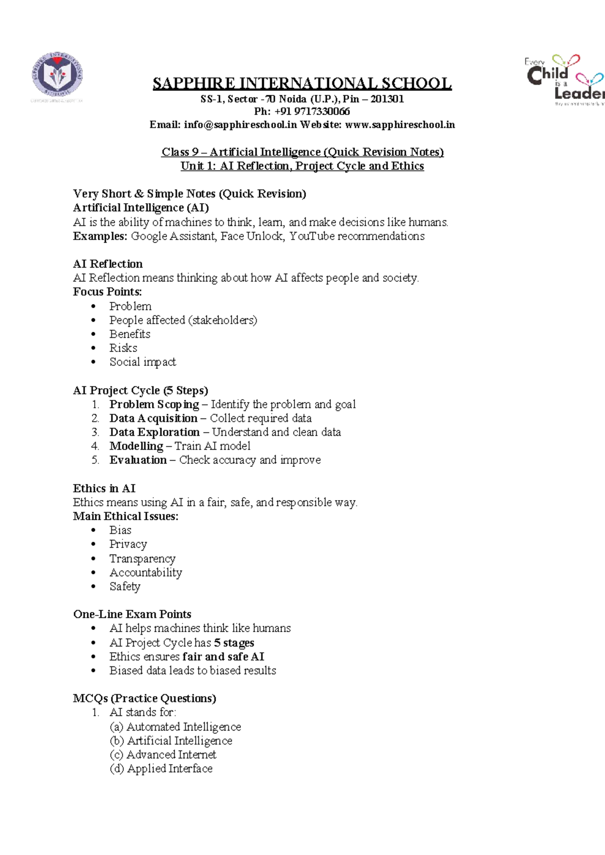 Class 9 AI (Artificial Intelligence) Unit 1 Quick Revision Notes - Studocu