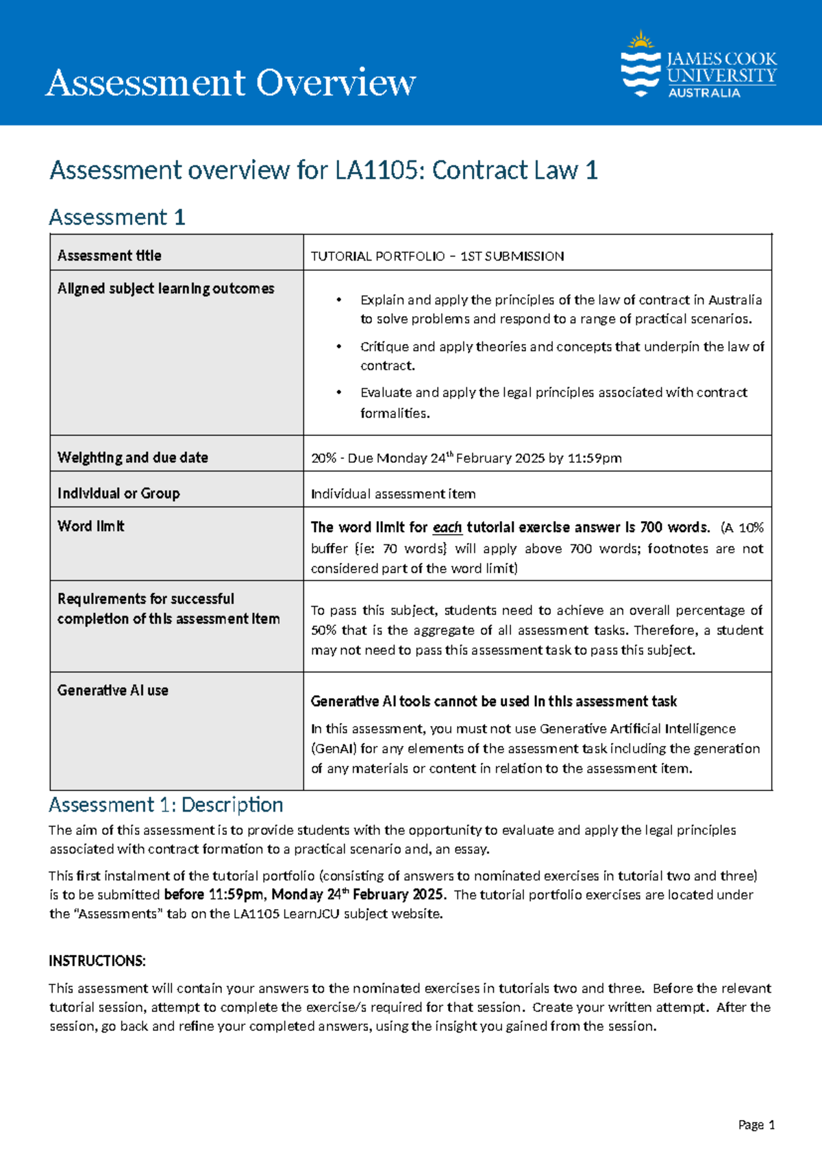 LA1105 Contracts 1 Assessment Overview: Portfolios and Exam Details ...