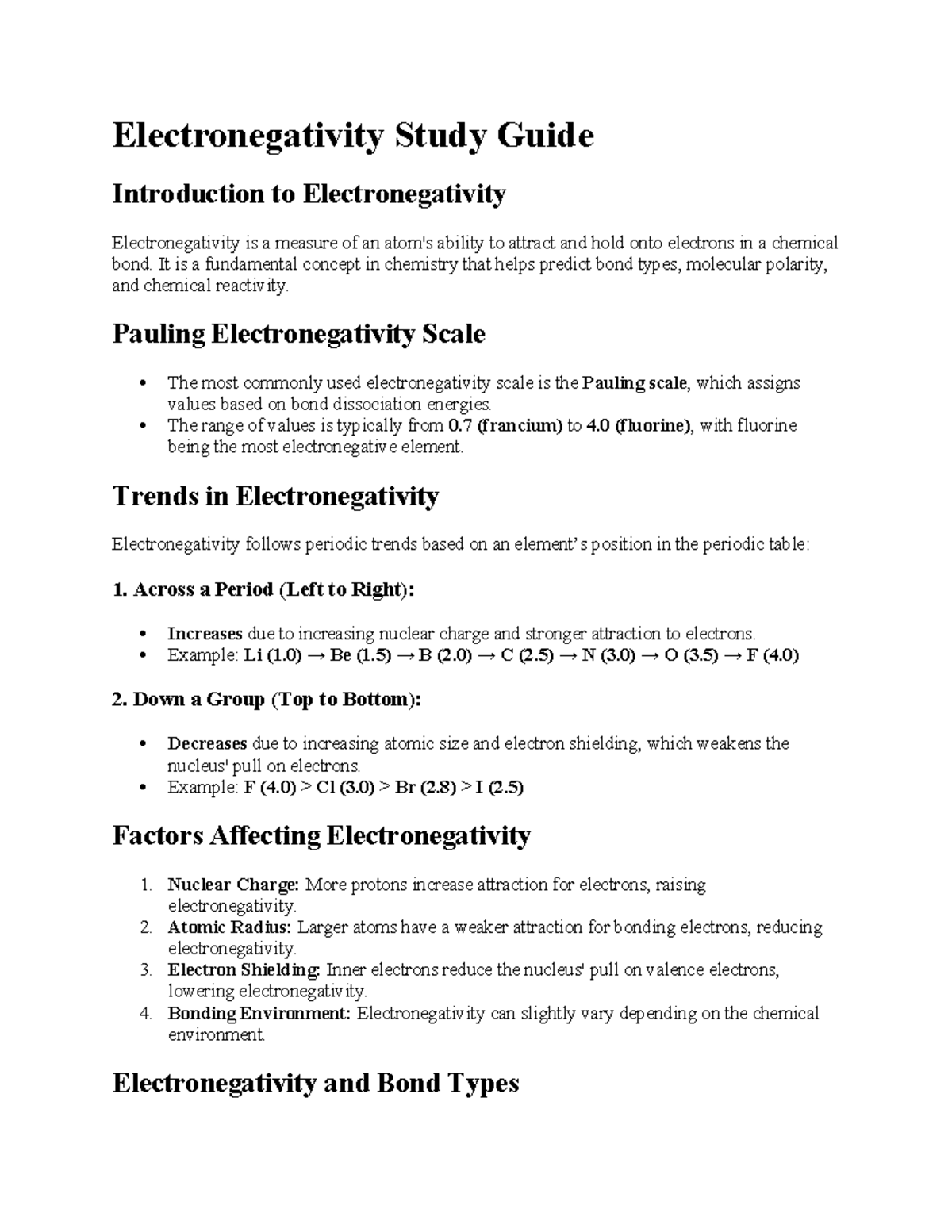 Electronegativity Study Guide - Electronegativity Study Guide ...