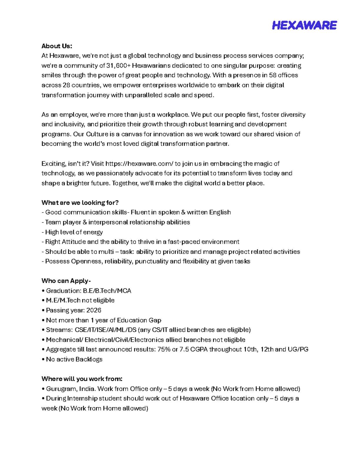 PGET JD 2026 - Hexaware Internship Job Description - Studocu