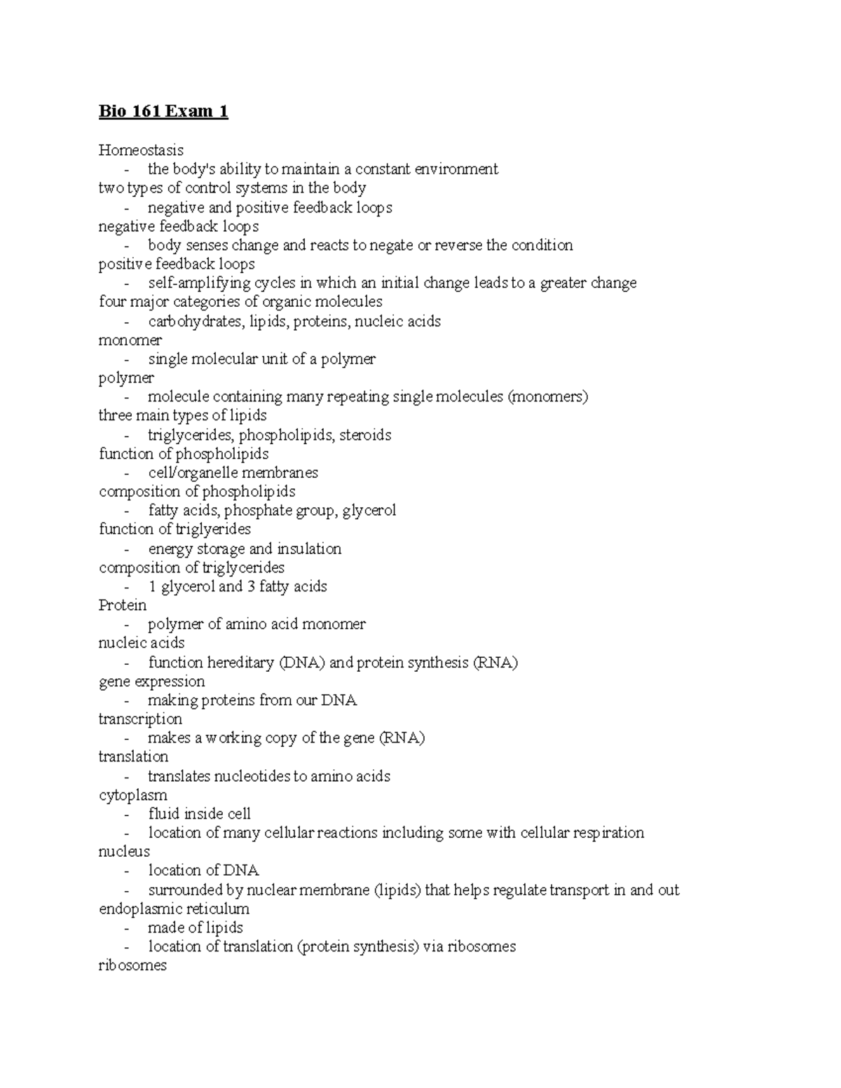 Bio 161 Exam 1 Study Guide - Anatomy and Physiology Summary - Studocu