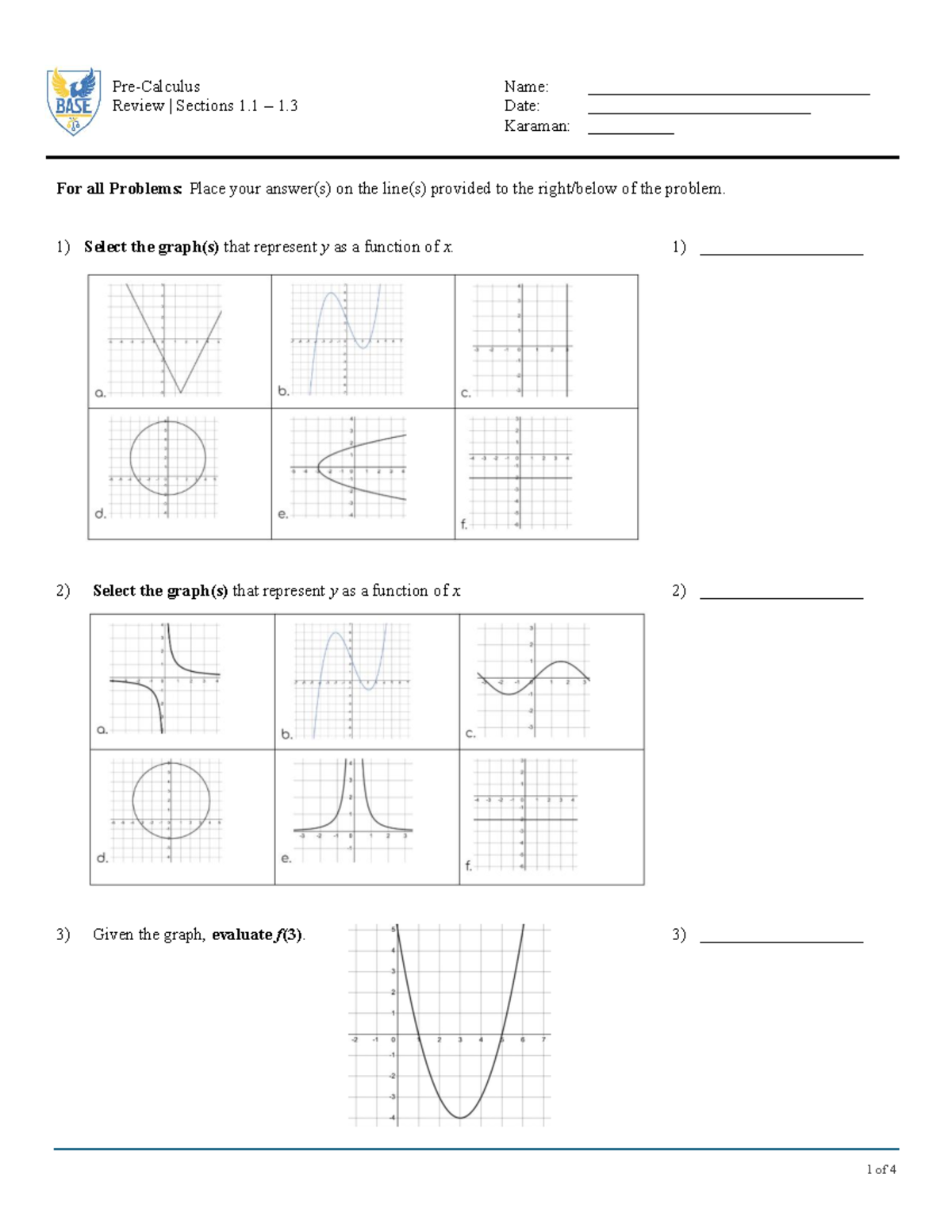 Review of Sections 1.1 - 1.3: Function Graphs & Domains - Studocu