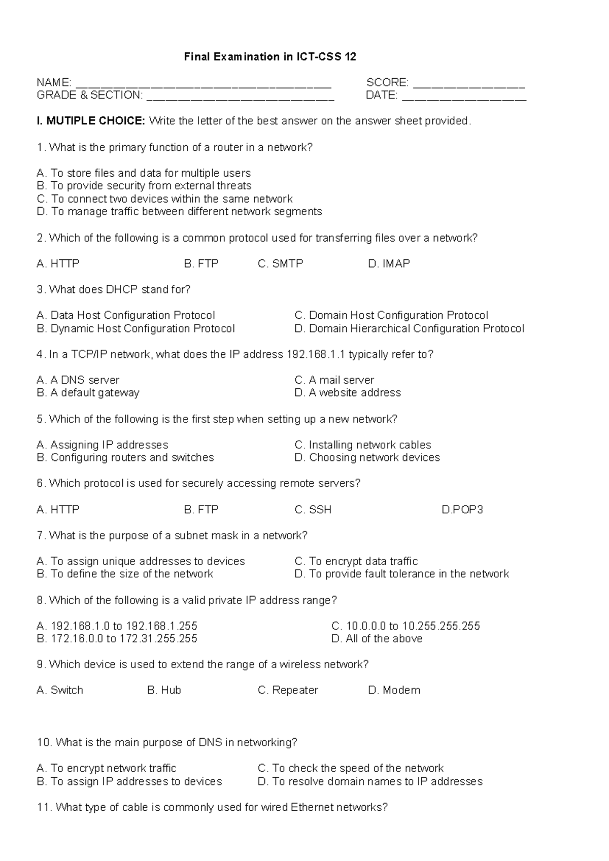 Final Exam ICT CSS - Final Examination in ICT-CSS 12 NAME
