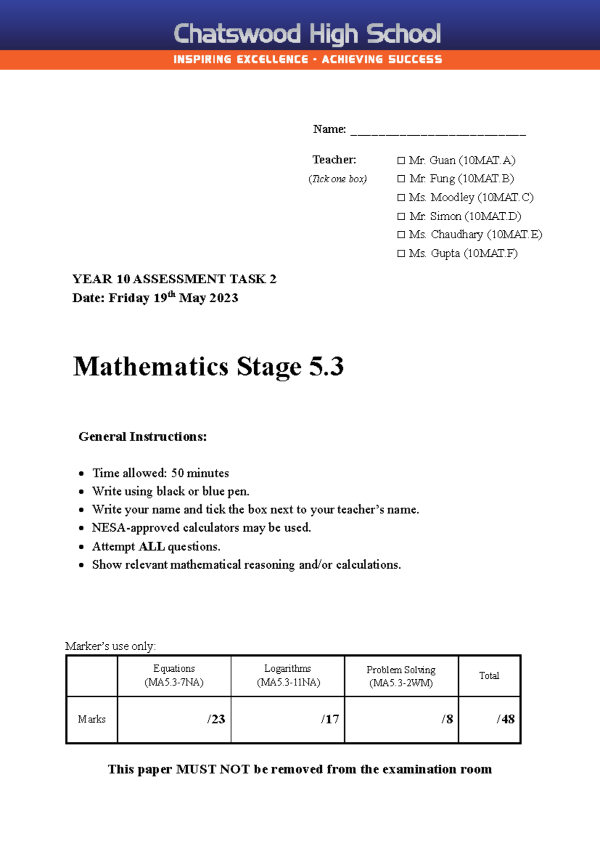 10MAT Year 10 Assessment Task 2: Mathematics Stage 5.3 Exam Guide - Studocu