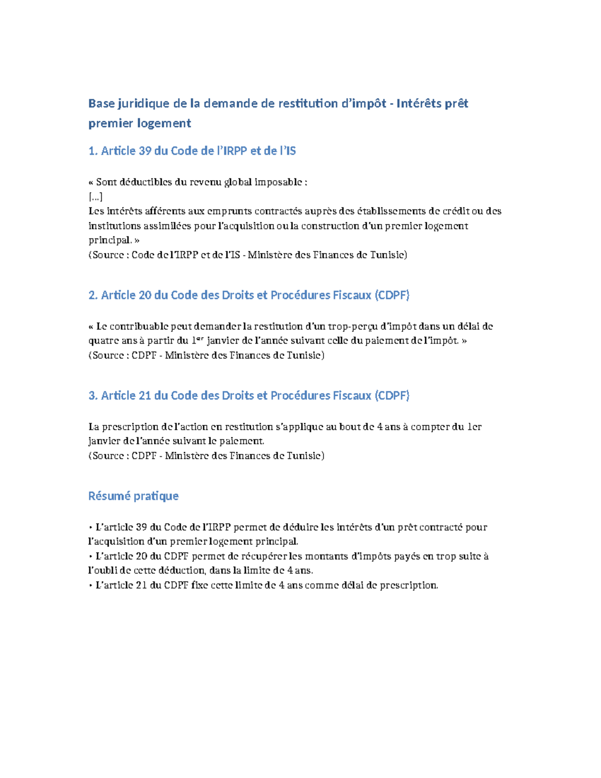 Base Juridique Restitution Impôt Logement - CDPF et Code Fiscal - Studocu