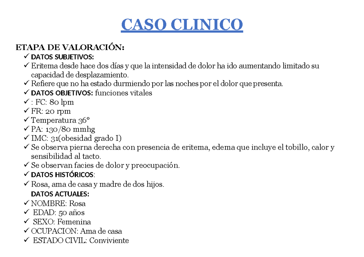CASO CLÍNICO: VALORACIÓN Y PLAN DE CUIDADO DE PACIENTE ROSA - Studocu