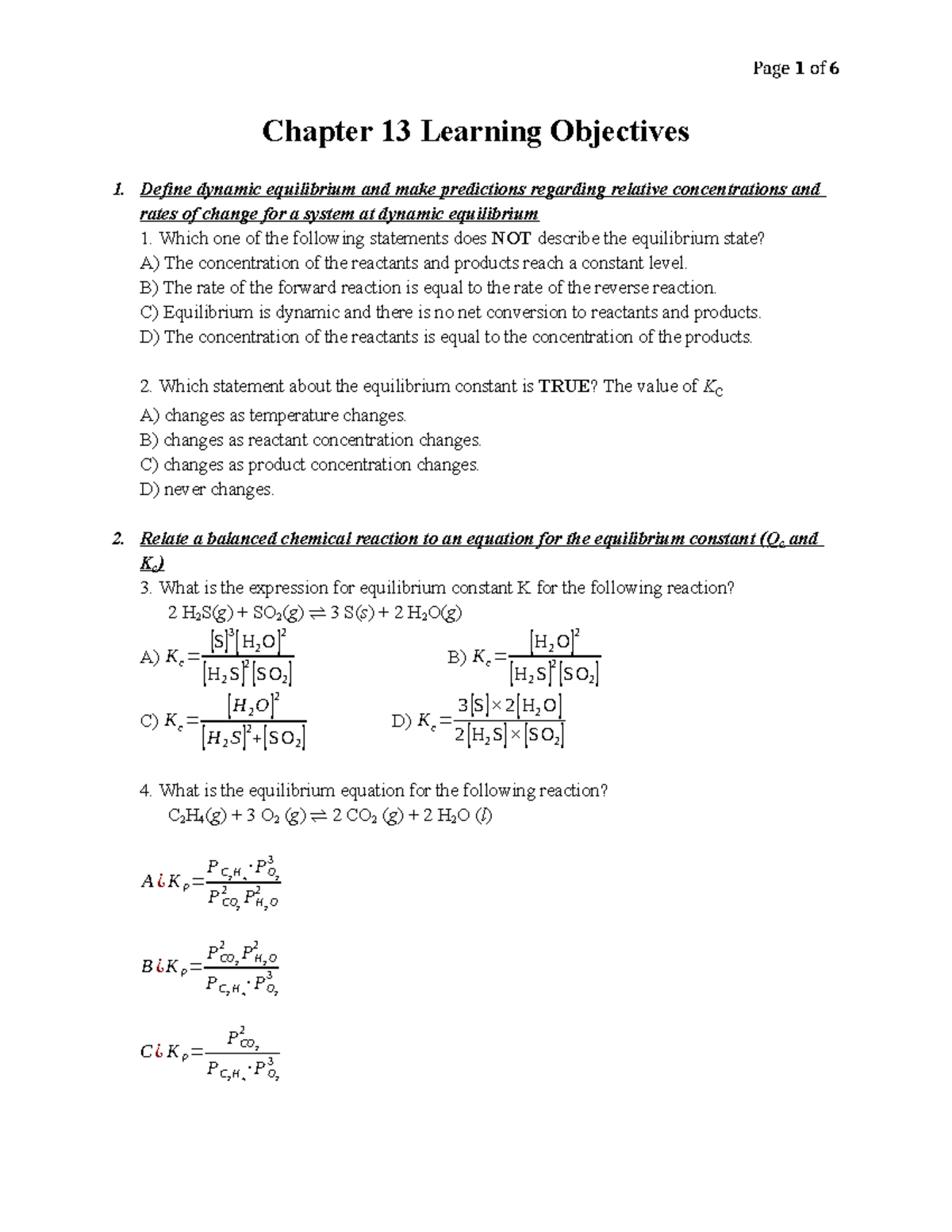 Chapter 13 Learning Objectives & Practice Questions (Chem 101) - Studocu