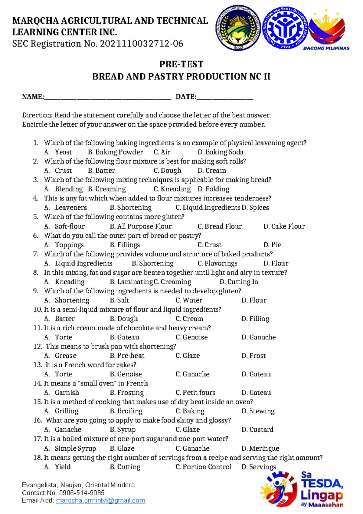Pre-Test for BPP NC II: Bread and Pastry Production Exam - Studocu