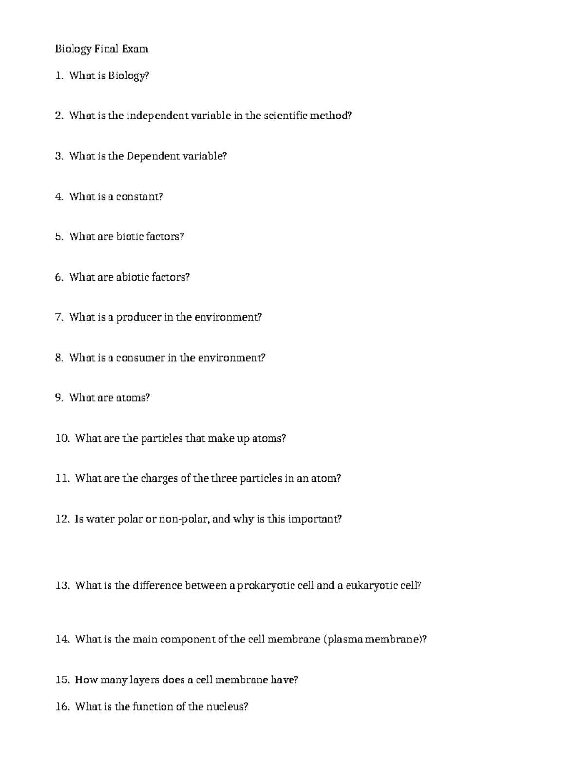 Biology Final Exam: Key Concepts and Definitions - Studocu