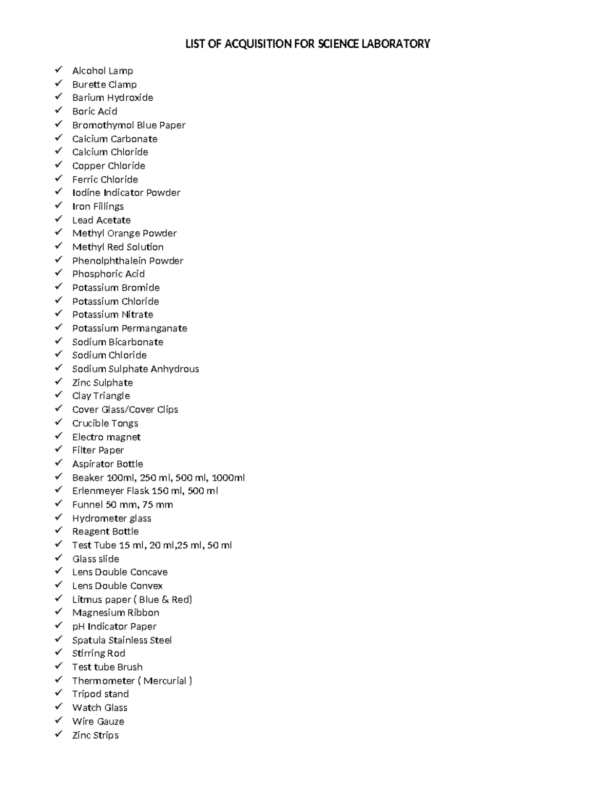 LIST OF ACQUISITION FOR SCI LAB - Essential Materials & Equipment - Studocu