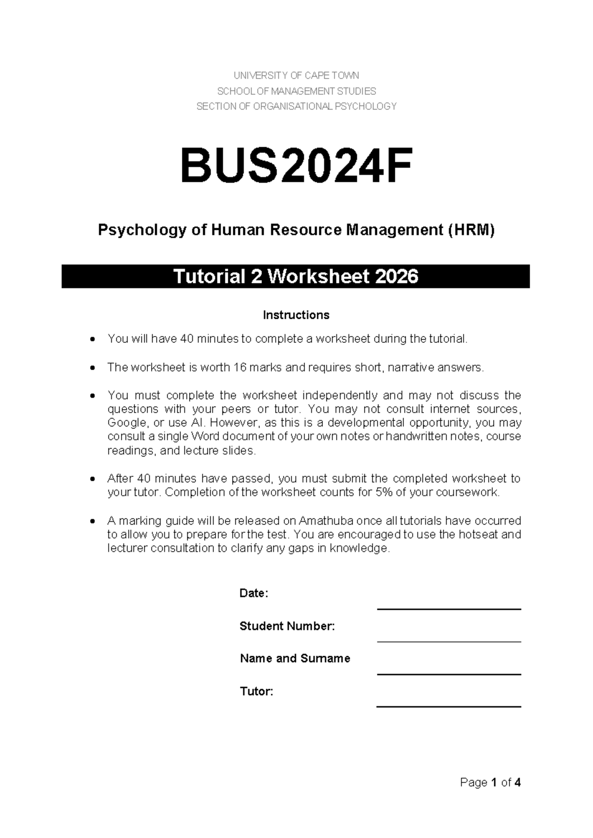 BUS2024F 2026 Tutorial 2 Worksheet: HRM Case Study Analysis - Studocu