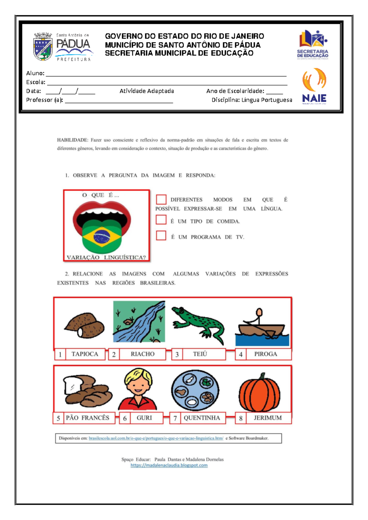 Atividade DE Lingua Portuguesa Adaptada Variacao Linguistica - Língua ...