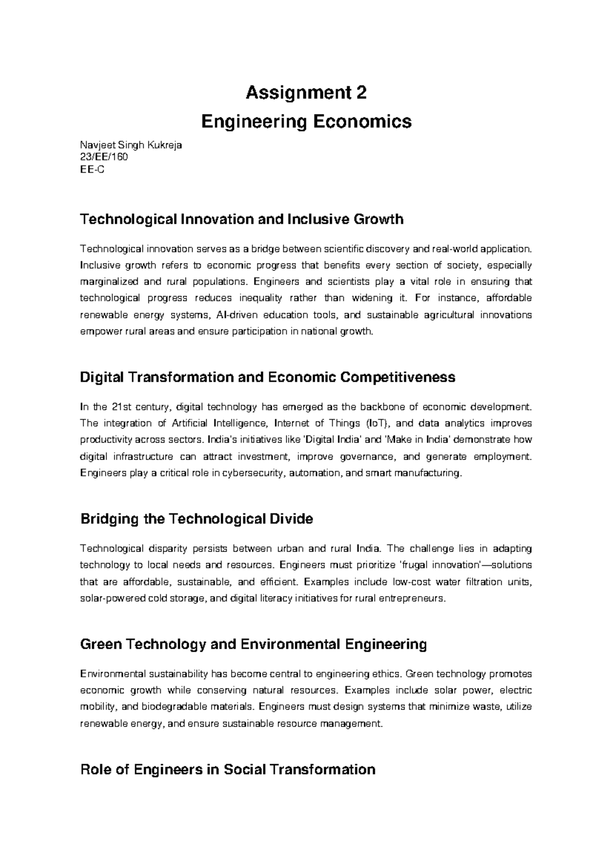 Assignment 2: Engineering Economics & Technological Innovation - Studocu